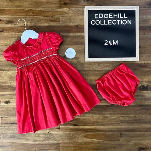 NWT Edgehill Collection Red Corduroy Short Sleeve Smocked Holiday Dress 24M - Picture 1 of 11